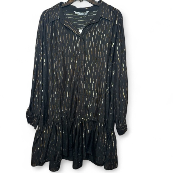 NWT ZARA Women’s Black and Gold Metallic Shirt Dress Size XL - Picture 3 of 10